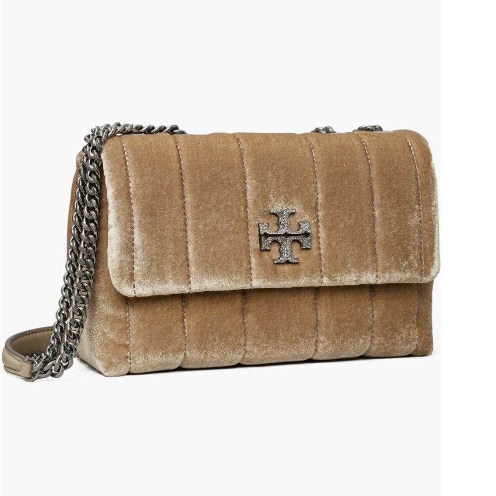 TORY BURCH Small Kira Velvet Pave Logo Quilted Crossbody Bag -Taupe - New w/Tags